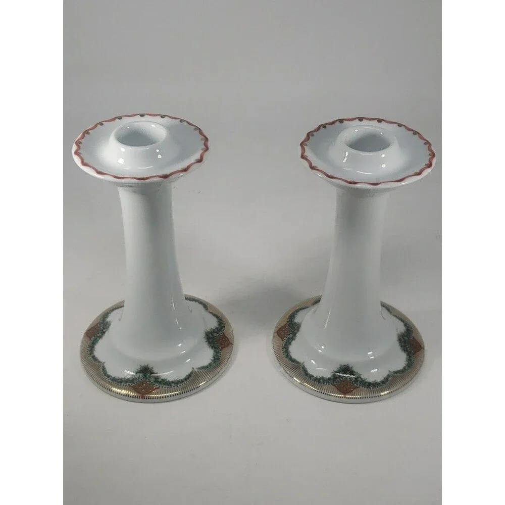 Vintage Royal Copenhagen Christmas Joy Candlesticks 503 Holly Garland Gold Trim
